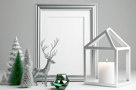 mock up of a Christmas themed picture frame. Christmas composition with a fir tree branch, a deer, a candle, and silver stars on a white background. merry wintertime concept Templateの素材