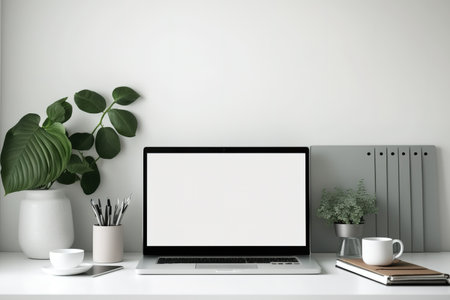 Minimal workspace with open blank screen laptop computer with mock up frame and office suppliesの素材