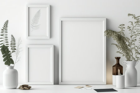 Mock up frames in white wall background, with home interior decoration, Scandi Boho styleの素材