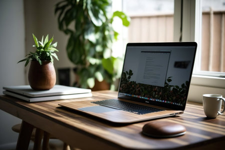laptop computer at a workstation with a wooden tableの素材