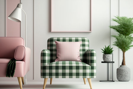 Armchair and plaid poster sample in a modern minimalist room for your design. This mockup can be used to display your artworkの素材