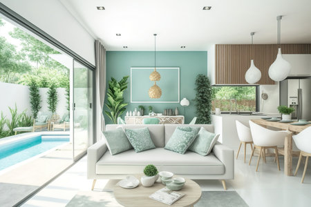 luxury interior design in pool villas living rooms. A spacious, well-lit area with a tall, elevated ceiling and a wooden dining tableの素材