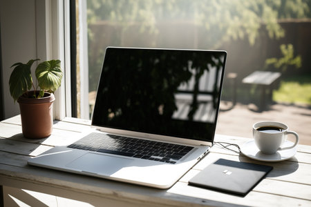 laptop with a blank screen on the deck, home office with laptop on table, Work from home ideaの素材