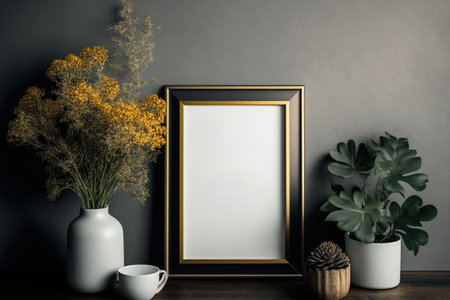 Minimalistic room interior with mock up photo frame on the brown wooden table with beautiful plant in design hipster pot. Grey walls. Stylish and floral concept of mock up poster frameの素材
