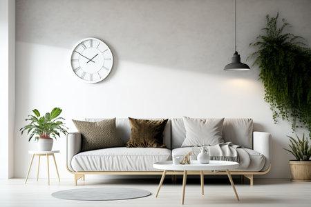 interior scenario with a white fake wall and a Scandinavian sofa and coffee table as the concept backgroundの素材