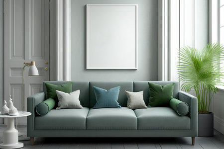 Mock-up frame with three frames and a green sofa on a warm light grey background of a house interiorの素材