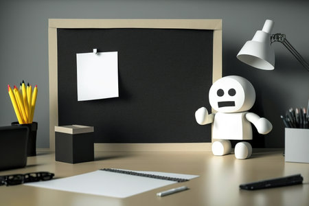 Conceptual mockup of a desk area. Workspace designed with a puppet, sticky notes, and a poster. Copy area for a montage of productsの素材