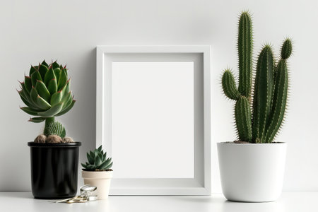 Mockup of a black portrait frame with succulent and cactus plants in pots. White wall with a white shelf. Copy spaceの素材
