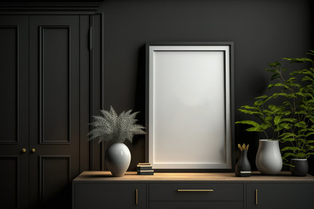 mock up of a frame on a cabinet in a living room with a background of an empty, dark wallの素材