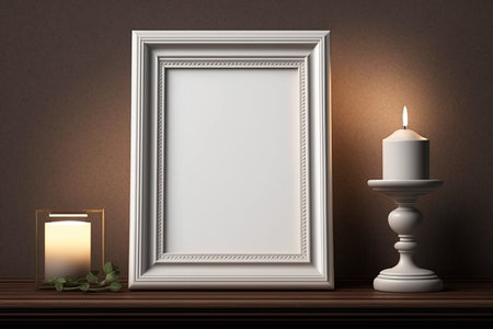 Mock up of a blank white picture frame with a candlestick on a brown wooden shelf at dawnの素材