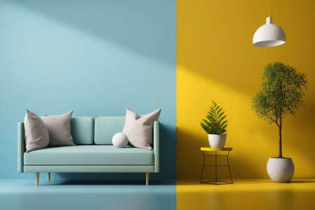 Interior of a minimalist room with a yellow sofa, a white light, and a plant against a blue backgroundの素材