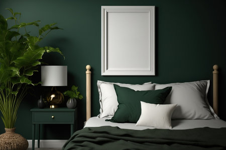 mock up frame with a background of a bedroom interior in dark green,の素材