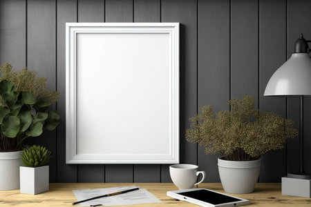 mock up frame in bright farmhouse interior background, white wooden office on dark gray wall, , , illustrationの素材
