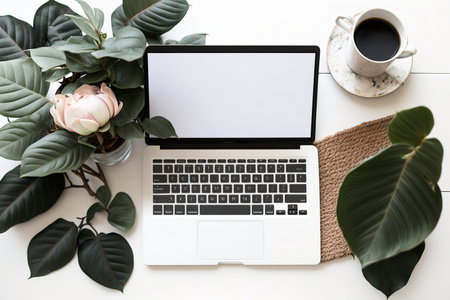 mock laptop on a white wooden table with a rose, a Calathea Orbifolia plant, and a notebookの素材