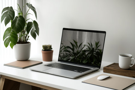 Mock up of a Copy Space workstation showing a laptop on a table and a blank screenの素材