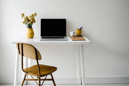 minimal interior decorate design with laptop on light brown wooden table and white chair with white isolated backgroundの素材