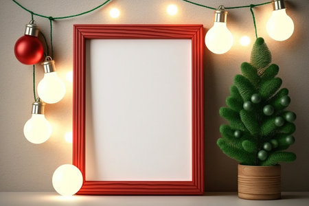 Christmas poster mockup. handcrafted doll, red paper gift boxes, green fir branches, and lights garland lamp. white-framed wood. New years banner copyの素材