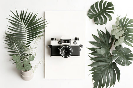 mock-up of a blank wall, a seashell, a plant, and an ancient camera. Interior home white poster mockup with text area and a background of white walls. Vintage design template for a painting, photo, or posterの素材
