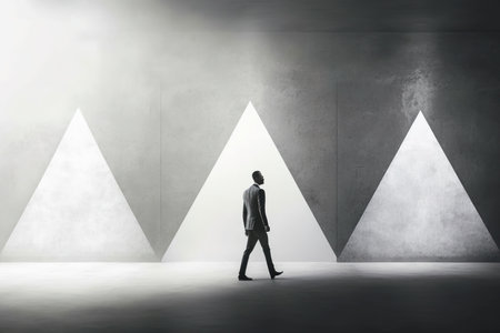 mock up of a hazy businessman walking across a concrete floor next to a grey, empty wall with three triangle shaped lightsの素材
