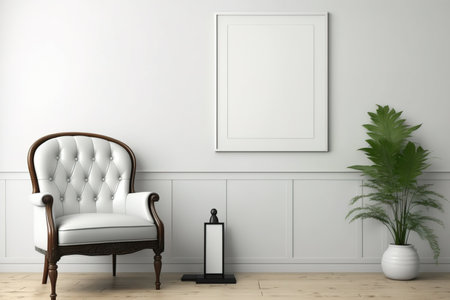 leather chair mock-up pillow, picture frame, light, wood floor cabinet, interior of living room with white wallsの素材