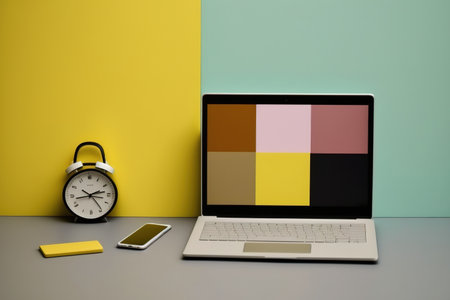 Modern laptop, smartwatch, and notebook at the office, next to a colored wallの素材
