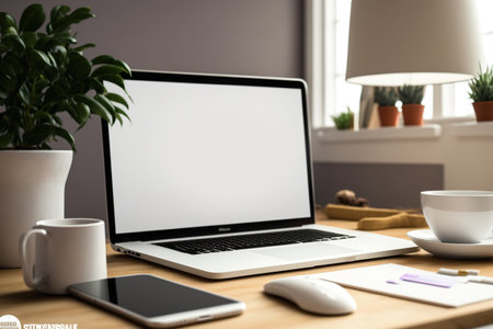 Modern laptop mockup with a blank screen, positioned on a wooden table in a well lit space. Business and technological conceptsの素材