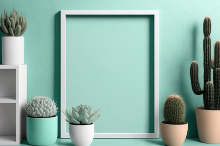 Modern picture frame mockup room decor. White shelf with potted cactus against pastel turquoise wallの素材