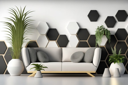 Modern minimalist room with wooden hexagonal tiles, sofa, and plantsの素材