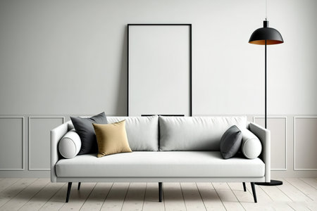 Contemporary living room interior with cozy sofa and mock-up of a blank poster frame on the wallの素材