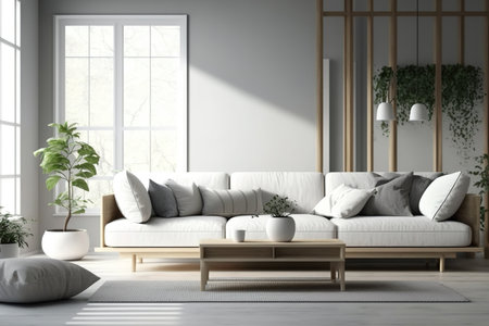 Modern minimalist living room interior mock up with white sofa wooden furniture, gray living room interior background, scandinavian style, living room in gray tones,の素材