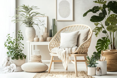 Neutral living room interior with rattan armchair, wooden bench, many tropical plants in design pots, decoration, and stylish personal accessoriesの素材