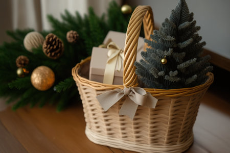 Natural Christmas tree pine in wicker basin with craft paper present boxes on wooden floorの素材