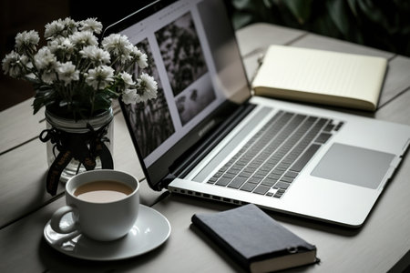 On a gray table are a laptop with a vacant screen, a coffee cup, a diary, books, and a flower plantの素材