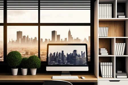 Modern office setting with book shelves, furniture, a view of the city, and a mock up white computer screen. Innovative desktop design ideaの素材