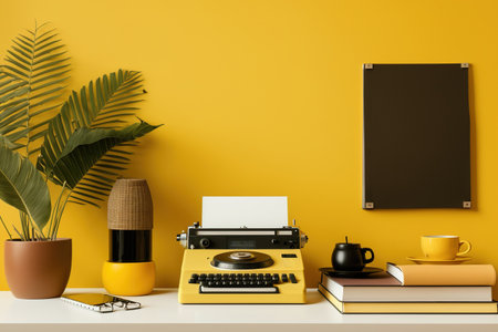 Office with supplies and books next to the yellow wall for copy space. imaginative mockupの素材