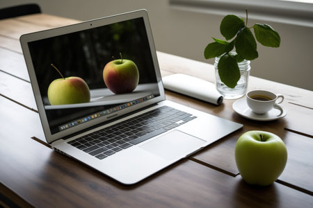 On a table, an Apple and laptop. Area of workの素材