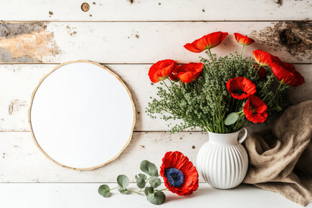 On a background of white wooden planks in Scandinavian design, a red poppy bouquet in a circular vase and a text frame with inspirational words are seenの素材