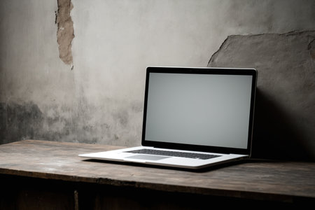 On top of a wood table with a concrete wall and light spot background, a laptop with a white blank mockup screen is visibleの素材