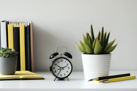 Office desk with pencils, plant vase, alarm clock and book. work copy spaceの素材