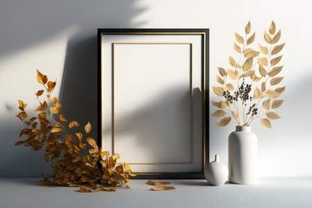 On a sunny fall day, a minimalist spatial arrangement is placed against a wall with window shadowsの素材