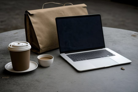 On the concrete work table background, there is a front view of the laptop and takeout coffeeの素材