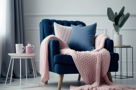 Blue armchair with a pink blanket in a plain white roomの素材