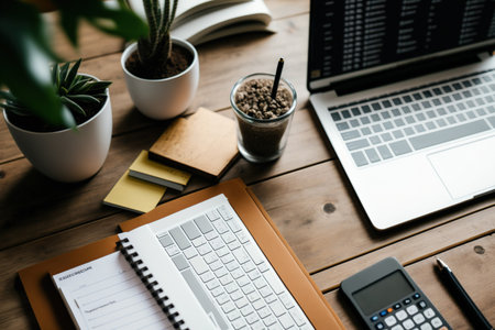 On a wooden table are a laptop computer, a calculator, and paperworkの素材