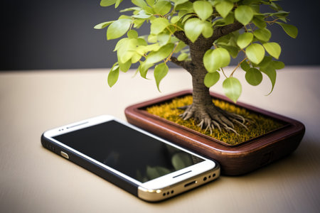 On a brown table, a smartphone and a tree. Model of a phoneの素材