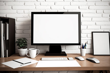 Occupational concept Concept for a loft office. mockup of a modern desktop computer with a white screen and books, with little else on the deskの素材