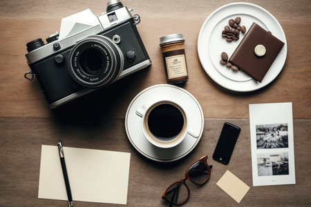 On a white table, a photographer has a camera, a film roll, a picture frame, and coffeeの素材