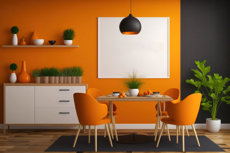 Orange interior with dining table and decor. illustration mockupの素材