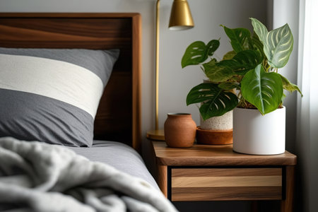 Plant on the nightstand by the wooden bed with colorful beddingの素材