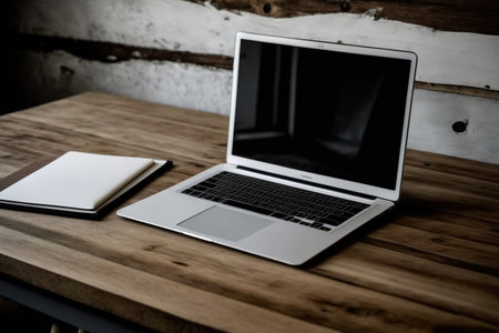 Mock laptop on wooden tableの素材