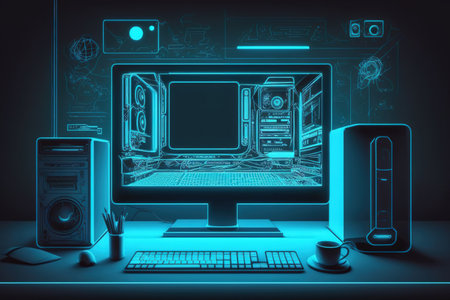 Illustration in raster form of a neon-lit desktop. Work table, computer, monitor, cable, keyboard, mouse, PC, and blue neon glow. technology idea; graphic designの素材